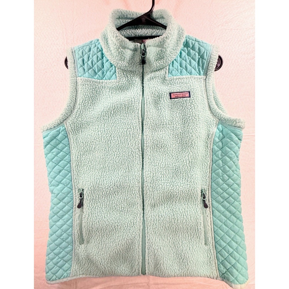 Vineyard Vines Quilted Sherpa Fleece Vest Medium Mint Green Marthas Vineyard Zip